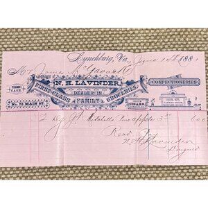 Antique 1881 NH Lavinder Grocery Receipt Confectioneries Pink Lavender Lynchburg
